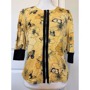Westbound Womens Yellow Floral & Butterfly Print Zip-Up Cardigan Size M Cotton